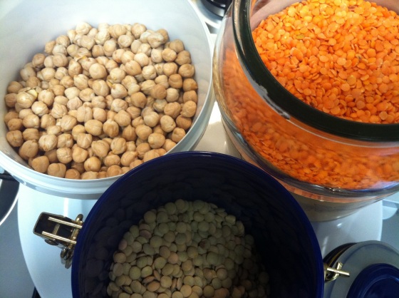 A snapshot of some of the different kinds of legumes out there. Clockwise: Chickpeas, red lentils and green lentils.